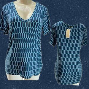 Michael Kors S Blue Geometric Print V-Neck Step Hemline Short Sleeve Tee